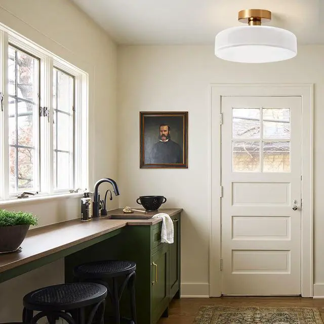 Alt view image 6 of 7 - Mid Century Modern Ceiling Light 13.8" Brushed Brass White Milk Glass Shade 1-Light Gold Flush Mount Ceiling Lights Vintage Close to Lights for Hallway Bedroom Kitchen Sink Living Room