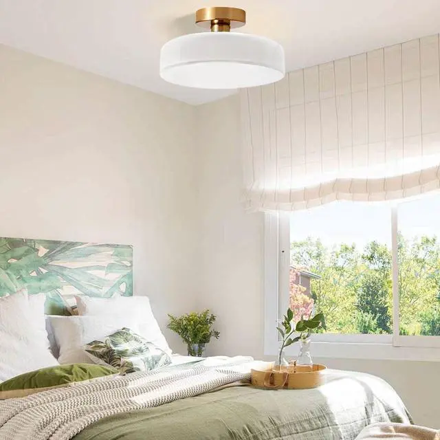 Alt view image 7 of 7 - Mid Century Modern Ceiling Light 13.8" Brushed Brass White Milk Glass Shade 1-Light Gold Flush Mount Ceiling Lights Vintage Close to Lights for Hallway Bedroom Kitchen Sink Living Room