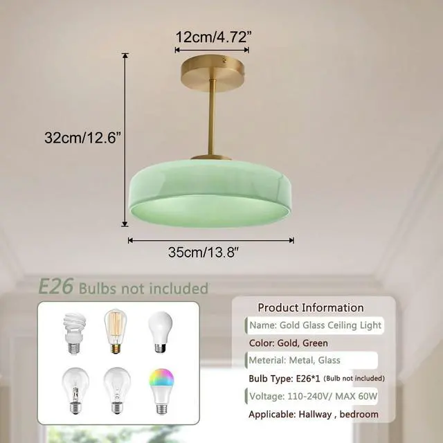 Alt view image 2 of 7 - Gold Brass Semi Flush Mount Ceiling Light - Milk Green Glass Shade, 13.8 Inch Mid Century Modern Close to Ceiling Lamp, E26 Light Fixture for Hallway Foyer Bedroom Entryway Pantry
