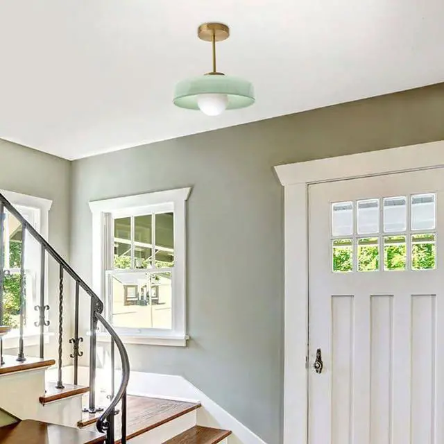 Alt view image 4 of 7 - Gold Brass Semi Flush Mount Ceiling Light - Milk Green Glass Shade, 13.8 Inch Mid Century Modern Close to Ceiling Lamp, E26 Light Fixture for Hallway Foyer Bedroom Entryway Pantry