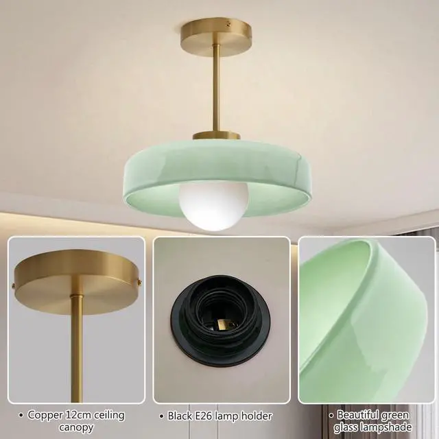 Alt view image 3 of 7 - Gold Brass Semi Flush Mount Ceiling Light - Milk Green Glass Shade, 13.8 Inch Mid Century Modern Close to Ceiling Lamp, E26 Light Fixture for Hallway Foyer Bedroom Entryway Pantry