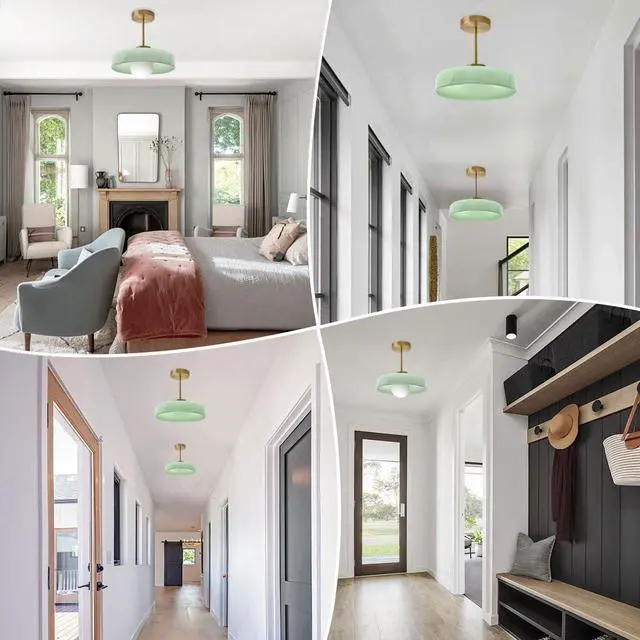 Alt view image 5 of 7 - Gold Brass Semi Flush Mount Ceiling Light - Milk Green Glass Shade, 13.8 Inch Mid Century Modern Close to Ceiling Lamp, E26 Light Fixture for Hallway Foyer Bedroom Entryway Pantry