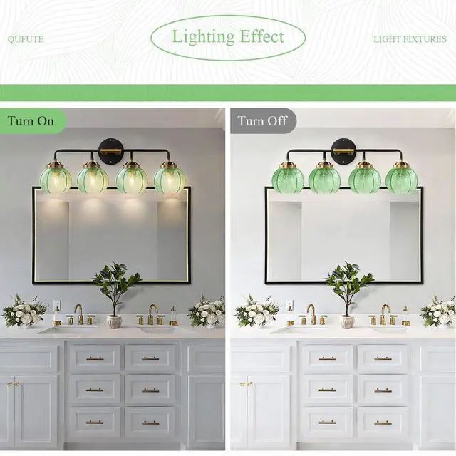 Alt view image 4 of 7 - Modern Vanity Light Bathroom 4-Light Fixtures Emerald Green Glass | Vintage 5.9inch Globe Shade Vanity Table Indoor Deco Lighting Black Gold Finish E26 Base, Mirror Over , Kitchen, Cabinet