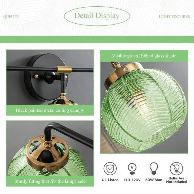 Alt view image 3 of 7 - Modern Vanity Light Bathroom 4-Light Fixtures Emerald Green Glass | Vintage 5.9inch Globe Shade Vanity Table Indoor Deco Lighting Black Gold Finish E26 Base, Mirror Over , Kitchen, Cabinet