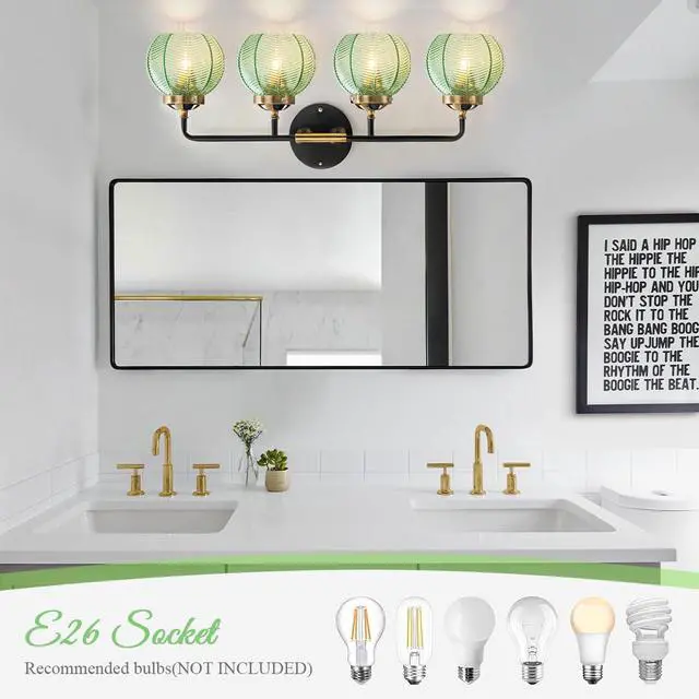 Alt view image 6 of 7 - Modern Vanity Light Bathroom 4-Light Fixtures Emerald Green Glass | Vintage 5.9inch Globe Shade Vanity Table Indoor Deco Lighting Black Gold Finish E26 Base, Mirror Over , Kitchen, Cabinet