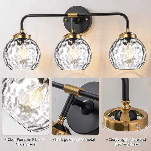 Alt view image 7 of 7 - Antique Bathroom Wall Lights MCM Vanity Light Clear Glass Globe Shade Black Brushed Gold Bathroom Lamp 3-Lights fixtures Kitchen Sink Wall Mounted Light Vanity Sconces Over Mirror