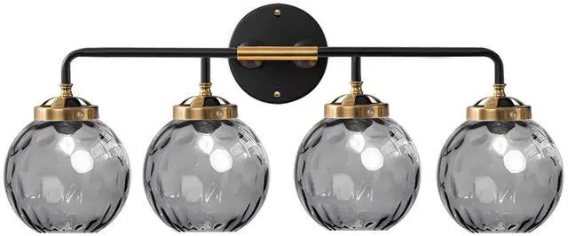 Main image of 4 Lights Vintage Bathroom Light Fixtures Black Gold Vanity Light with Smoky Grey Glass Globe Shade Mid Century Wall Lights Indoor Vanity Lamp Over Mirror for Kitchen Living Room