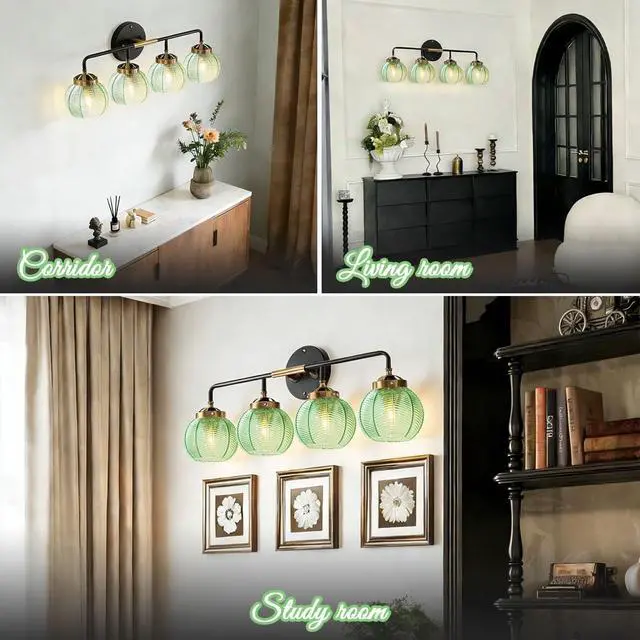 Alt view image 7 of 7 - Modern Vanity Light Bathroom 4-Light Fixtures Emerald Green Glass | Vintage 5.9inch Globe Shade Vanity Table Indoor Deco Lighting Black Gold Finish E26 Base, Mirror Over , Kitchen, Cabinet