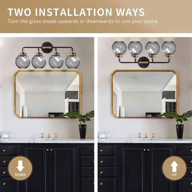 Alt view image 3 of 7 - 4 Lights Vintage Bathroom Light Fixtures Black Gold Vanity Light with Smoky Grey Glass Globe Shade Mid Century Wall Lights Indoor Vanity Lamp Over Mirror for Kitchen Living Room