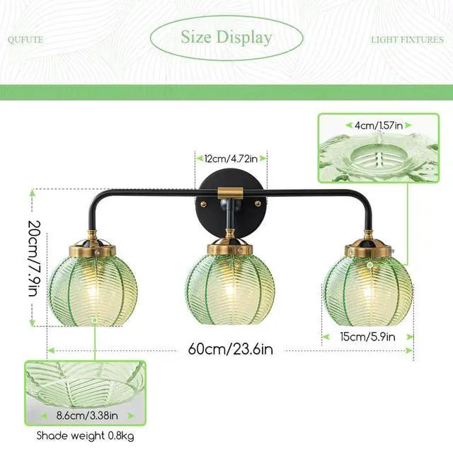 Alt view image 2 of 7 - Bathroom Light Fixtures Vanity Wall 3-Light Coastal Vanity Lights Emerald Green Vintage Wall Lamp with Glass Globe Shade Modern Glass Wall Vanity Lighting for Mirror Kitchen Cabinet