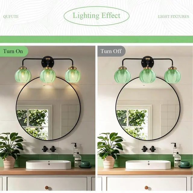 Alt view image 4 of 7 - Bathroom Light Fixtures Vanity Wall 3-Light Coastal Vanity Lights Emerald Green Vintage Wall Lamp with Glass Globe Shade Modern Glass Wall Vanity Lighting for Mirror Kitchen Cabinet