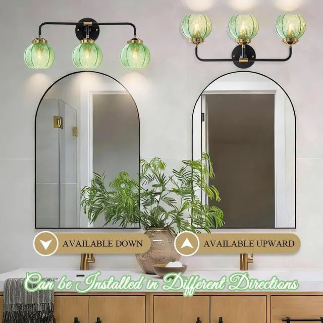 Alt view image 5 of 7 - Bathroom Light Fixtures Vanity Wall 3-Light Coastal Vanity Lights Emerald Green Vintage Wall Lamp with Glass Globe Shade Modern Glass Wall Vanity Lighting for Mirror Kitchen Cabinet