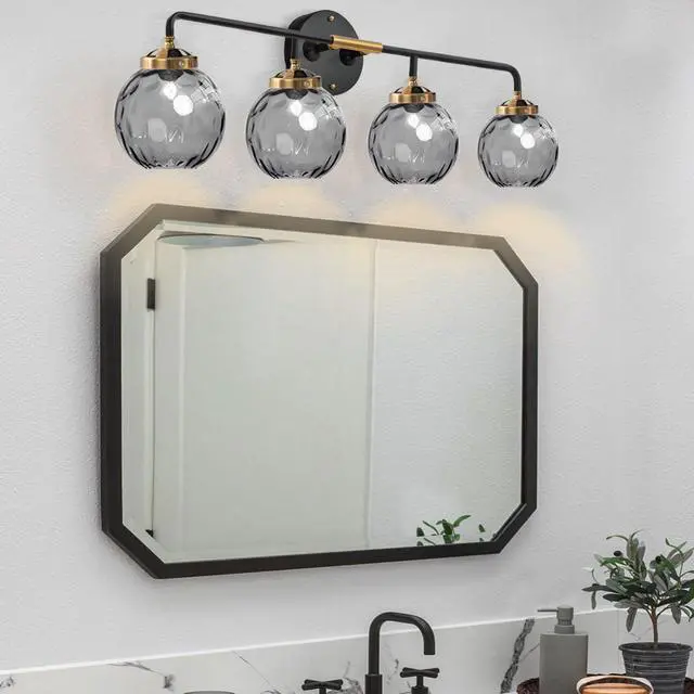 Alt view image 5 of 7 - 4 Lights Vintage Bathroom Light Fixtures Black Gold Vanity Light with Smoky Grey Glass Globe Shade Mid Century Wall Lights Indoor Vanity Lamp Over Mirror for Kitchen Living Room