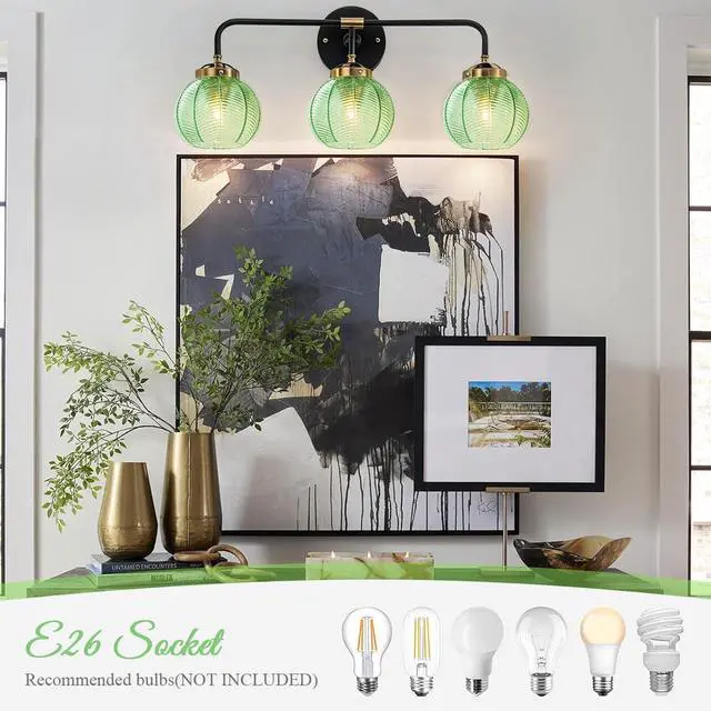 Alt view image 6 of 7 - Bathroom Light Fixtures Vanity Wall 3-Light Coastal Vanity Lights Emerald Green Vintage Wall Lamp with Glass Globe Shade Modern Glass Wall Vanity Lighting for Mirror Kitchen Cabinet