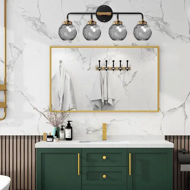 Alt view image 4 of 7 - 4 Lights Vintage Bathroom Light Fixtures Black Gold Vanity Light with Smoky Grey Glass Globe Shade Mid Century Wall Lights Indoor Vanity Lamp Over Mirror for Kitchen Living Room
