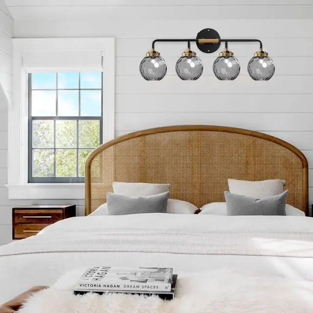Alt view image 6 of 7 - 4 Lights Vintage Bathroom Light Fixtures Black Gold Vanity Light with Smoky Grey Glass Globe Shade Mid Century Wall Lights Indoor Vanity Lamp Over Mirror for Kitchen Living Room