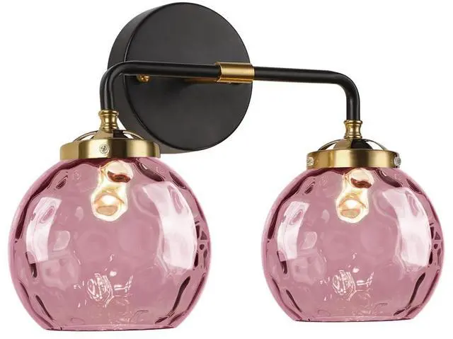 Main image of 2-Lights Pink Bathroom Vanity Light Fixture Modern Glass Globe Wall Sconce Vintage Hammer Glass Vanity Lights Bathroom Over Mirror Wall Lamp Black for Hallway Living Room Stairwell