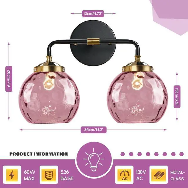 Alt view image 2 of 7 - 2-Lights Pink Bathroom Vanity Light Fixture Modern Glass Globe Wall Sconce Vintage Hammer Glass Vanity Lights Bathroom Over Mirror Wall Lamp Black for Hallway Living Room Stairwell