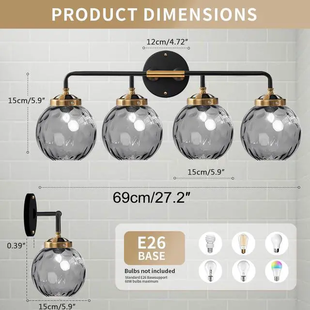 Alt view image 2 of 7 - 4 Lights Vintage Bathroom Light Fixtures Black Gold Vanity Light with Smoky Grey Glass Globe Shade Mid Century Wall Lights Indoor Vanity Lamp Over Mirror for Kitchen Living Room