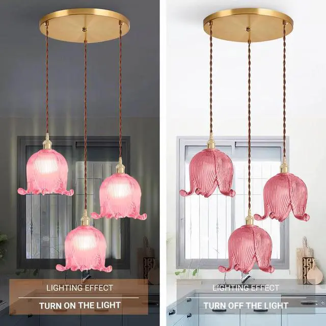 Alt view image 4 of 7 - Pink Flower Pendant Light Fixtures Mid-Century Modern Cluster Chandelier, 5.9Inch Flower Glass Shade Brushed Gold Brass Finis Adjustable Cord Chandelier for Dining Room Stair Kitchen