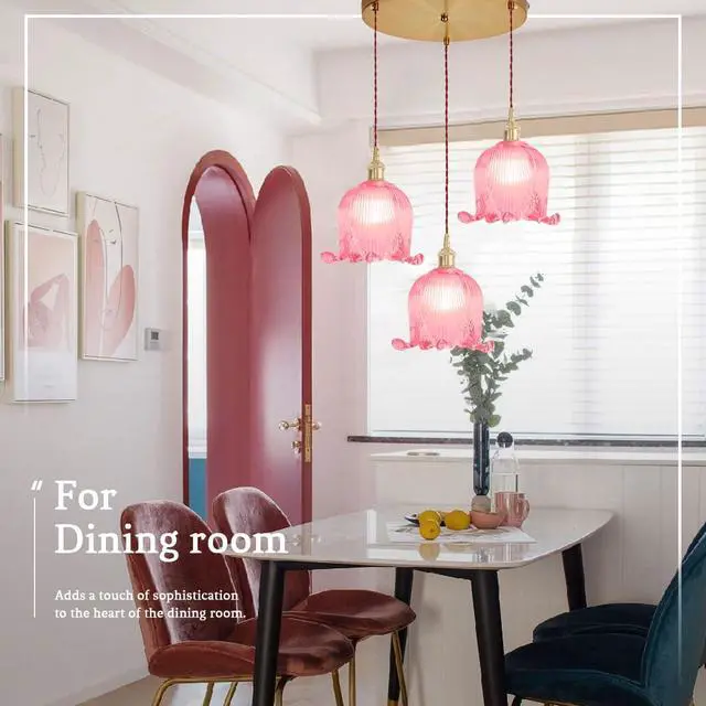 Alt view image 6 of 7 - Pink Flower Pendant Light Fixtures Mid-Century Modern Cluster Chandelier, 5.9Inch Flower Glass Shade Brushed Gold Brass Finis Adjustable Cord Chandelier for Dining Room Stair Kitchen