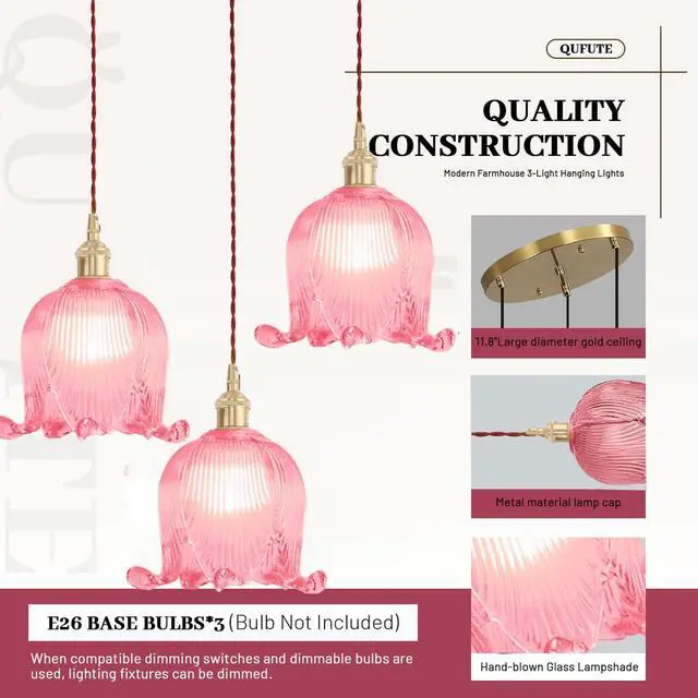 Alt view image 5 of 7 - Pink Flower Pendant Light Fixtures Mid-Century Modern Cluster Chandelier, 5.9Inch Flower Glass Shade Brushed Gold Brass Finis Adjustable Cord Chandelier for Dining Room Stair Kitchen