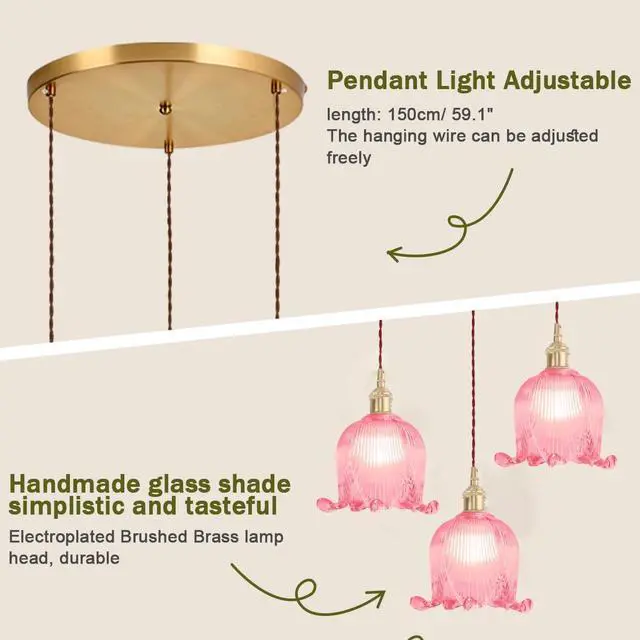 Alt view image 7 of 7 - Pink Flower Pendant Light Fixtures Mid-Century Modern Cluster Chandelier, 5.9Inch Flower Glass Shade Brushed Gold Brass Finis Adjustable Cord Chandelier for Dining Room Stair Kitchen
