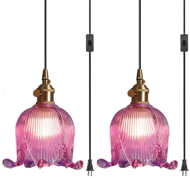 Main image of 2-Pack Plug in Hanging Lamp, Gold Brass Glass Pendant Light Fixture Plug in Cord Vintage Modern Pendant Lighting Swag Ceiling Lamp Flower Purple Glass Shade for Kitchen Living Room