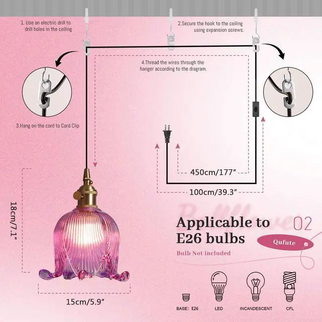 Alt view image 2 of 7 - 2-Pack Plug in Hanging Lamp, Gold Brass Glass Pendant Light Fixture Plug in Cord Vintage Modern Pendant Lighting Swag Ceiling Lamp Flower Purple Glass Shade for Kitchen Living Room