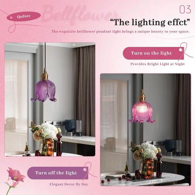 Alt view image 3 of 7 - 2-Pack Plug in Hanging Lamp, Gold Brass Glass Pendant Light Fixture Plug in Cord Vintage Modern Pendant Lighting Swag Ceiling Lamp Flower Purple Glass Shade for Kitchen Living Room