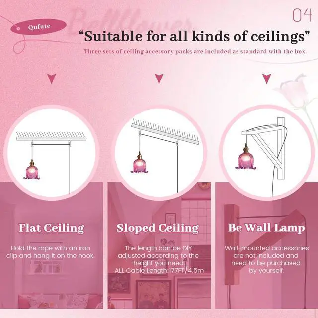Alt view image 4 of 7 - 2-Pack Plug in Hanging Lamp, Gold Brass Glass Pendant Light Fixture Plug in Cord Vintage Modern Pendant Lighting Swag Ceiling Lamp Flower Purple Glass Shade for Kitchen Living Room