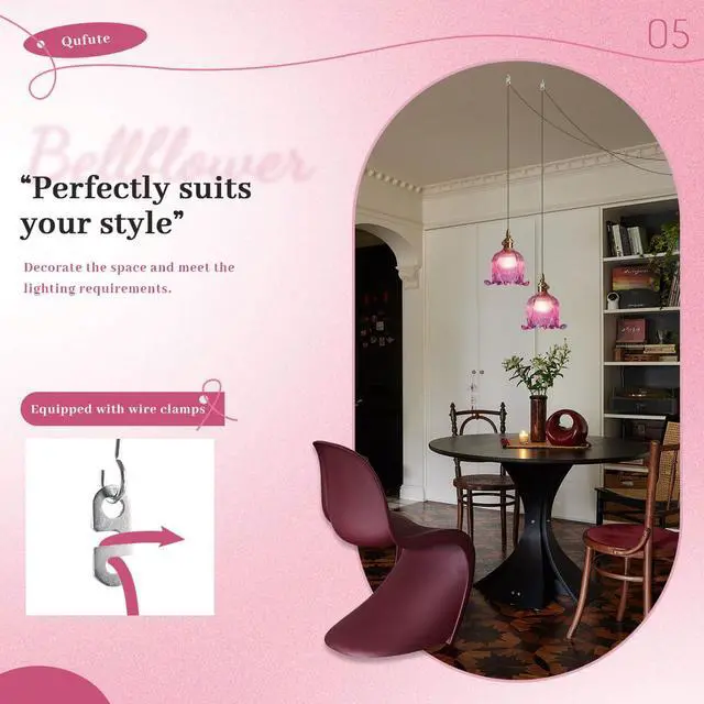 Alt view image 5 of 7 - 2-Pack Plug in Hanging Lamp, Gold Brass Glass Pendant Light Fixture Plug in Cord Vintage Modern Pendant Lighting Swag Ceiling Lamp Flower Purple Glass Shade for Kitchen Living Room