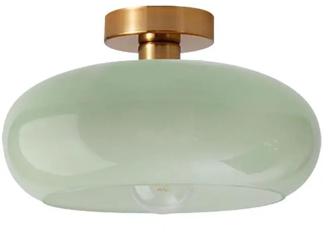 Main image of Green Glass Flush Mount Ceiling Light Nordic Modern Ceiling Lights Large Round Milk Glass Shade Gold Brass Semi Flush Mount Ceiling Light for Kitchen Hallway Bedroom Overhead Light