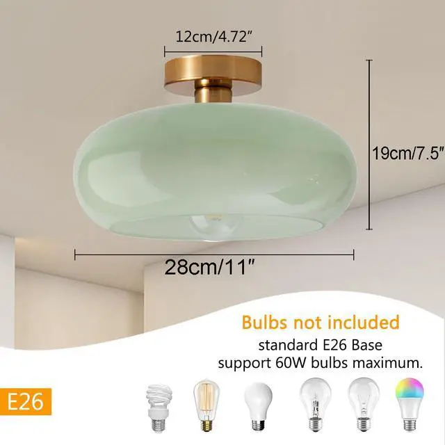 Alt view image 2 of 7 - Green Glass Flush Mount Ceiling Light Nordic Modern Ceiling Lights Large Round Milk Glass Shade Gold Brass Semi Flush Mount Ceiling Light for Kitchen Hallway Bedroom Overhead Light