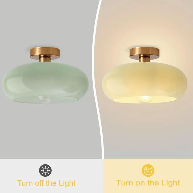 Alt view image 3 of 7 - Mid Century Ceiling Light Fixture - Milk Glass Shade, Gold Modern Flush Mount Lamp for Hallway, Dining Room, Kitchen