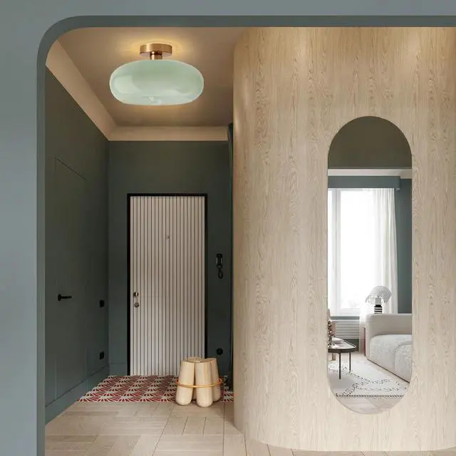 Alt view image 3 of 7 - Green Glass Flush Mount Ceiling Light Nordic Modern Ceiling Lights Large Round Milk Glass Shade Gold Brass Semi Flush Mount Ceiling Light for Kitchen Hallway Bedroom Overhead Light