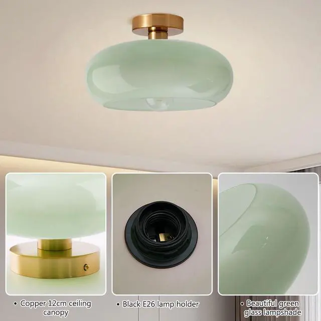 Alt view image 4 of 7 - Mid Century Ceiling Light Fixture - Milk Glass Shade, Gold Modern Flush Mount Lamp for Hallway, Dining Room, Kitchen