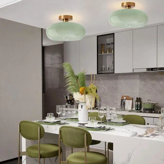 Alt view image 4 of 7 - Green Glass Flush Mount Ceiling Light Nordic Modern Ceiling Lights Large Round Milk Glass Shade Gold Brass Semi Flush Mount Ceiling Light for Kitchen Hallway Bedroom Overhead Light
