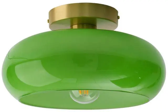 Main image of Green Ceiling Light - Mid Century Modern Flush Ceiling Light with Milk Glass Globe and Dark Green Lamp Shade in Brushed Brass Close to Lamp for Dining Room Hallway Kitchen Island