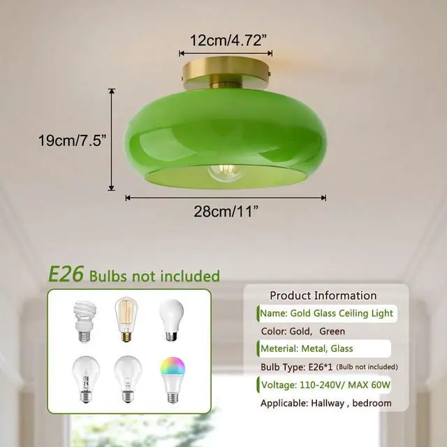Alt view image 2 of 7 - Green Ceiling Light - Mid Century Modern Flush Ceiling Light with Milk Glass Globe and Dark Green Lamp Shade in Brushed Brass Close to Lamp for Dining Room Hallway Kitchen Island