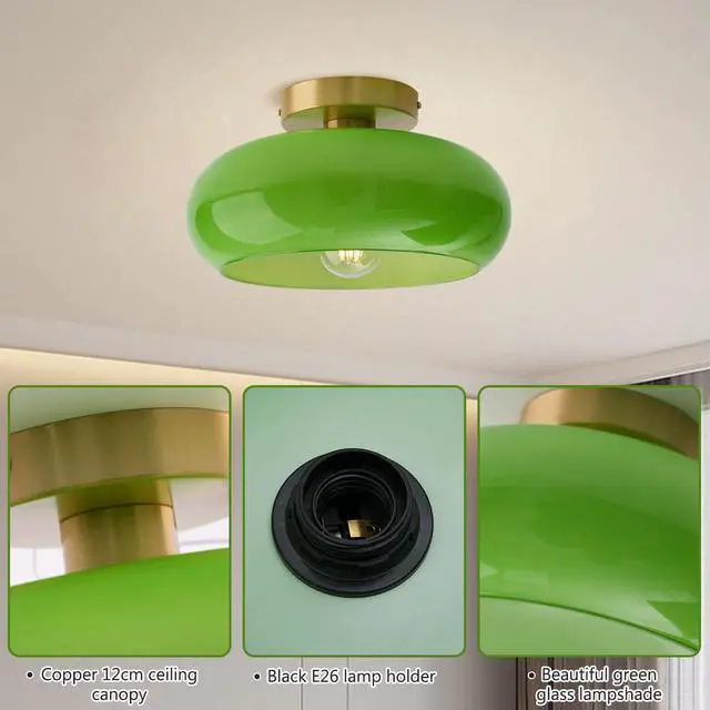 Alt view image 3 of 7 - Green Ceiling Light - Mid Century Modern Flush Ceiling Light with Milk Glass Globe and Dark Green Lamp Shade in Brushed Brass Close to Lamp for Dining Room Hallway Kitchen Island