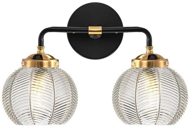 Main image of 2 Light Bathroom Vanity Light Clear Glass Globe Wall Sconce Lights | Black Wall Mount Light with Ribbed Glass Shade, Mid Century Modern Style E26 Base for Over Mirror Bedroom Hallway Powder room