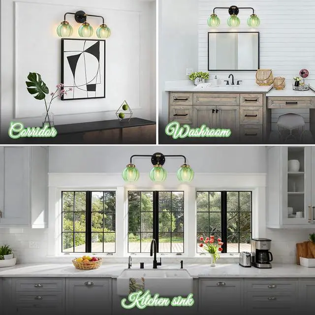 Alt view image 7 of 7 - Bathroom Light Fixtures Vanity Wall 3-Light Coastal Vanity Lights Emerald Green Vintage Wall Lamp with Glass Globe Shade Modern Glass Wall Vanity Lighting for Mirror Kitchen Cabinet