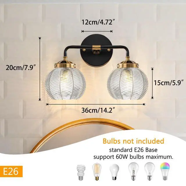 Alt view image 2 of 7 - 2 Light Bathroom Vanity Light Clear Glass Globe Wall Sconce Lights | Black Wall Mount Light with Ribbed Glass Shade, Mid Century Modern Style E26 Base for Over Mirror Bedroom Hallway Powder room