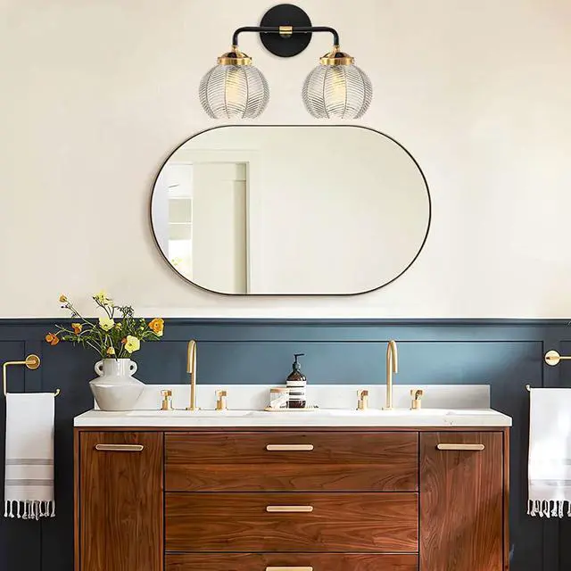 Alt view image 5 of 7 - Mid Century Modern Wall Sconce Bathroom Light fixtures 2 Light Ribbed Globe Sconces Vanity Lighting Fixture Black and Gold Vanity Lights Double Wall sconces with Clear Glass Shades