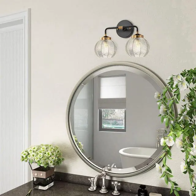 Alt view image 6 of 7 - Mid Century Modern Wall Sconce Bathroom Light fixtures 2 Light Ribbed Globe Sconces Vanity Lighting Fixture Black and Gold Vanity Lights Double Wall sconces with Clear Glass Shades