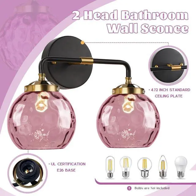 Alt view image 3 of 7 - 2-Lights Pink Bathroom Vanity Light Fixture Modern Glass Globe Wall Sconce Vintage Hammer Glass Vanity Lights Bathroom Over Mirror Wall Lamp Black for Hallway Living Room Stairwell