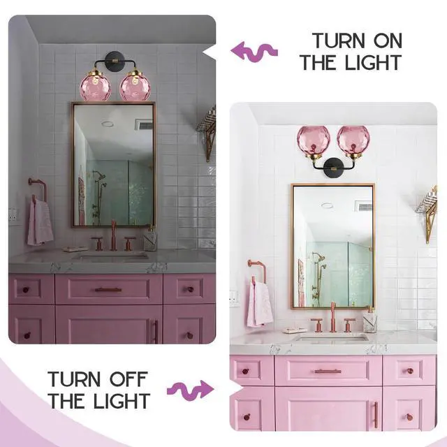 Alt view image 4 of 7 - 2-Lights Pink Bathroom Vanity Light Fixture Modern Glass Globe Wall Sconce Vintage Hammer Glass Vanity Lights Bathroom Over Mirror Wall Lamp Black for Hallway Living Room Stairwell