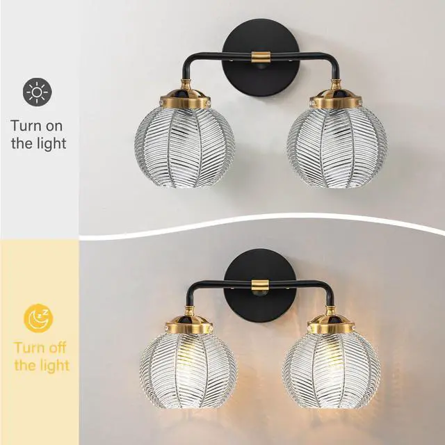 Alt view image 7 of 7 - 2 Light Bathroom Vanity Light Clear Glass Globe Wall Sconce Lights | Black Wall Mount Light with Ribbed Glass Shade, Mid Century Modern Style E26 Base for Over Mirror Bedroom Hallway Powder room
