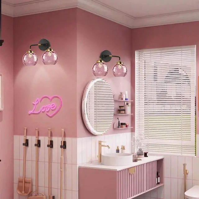 Alt view image 5 of 7 - 2-Lights Pink Bathroom Vanity Light Fixture Modern Glass Globe Wall Sconce Vintage Hammer Glass Vanity Lights Bathroom Over Mirror Wall Lamp Black for Hallway Living Room Stairwell
